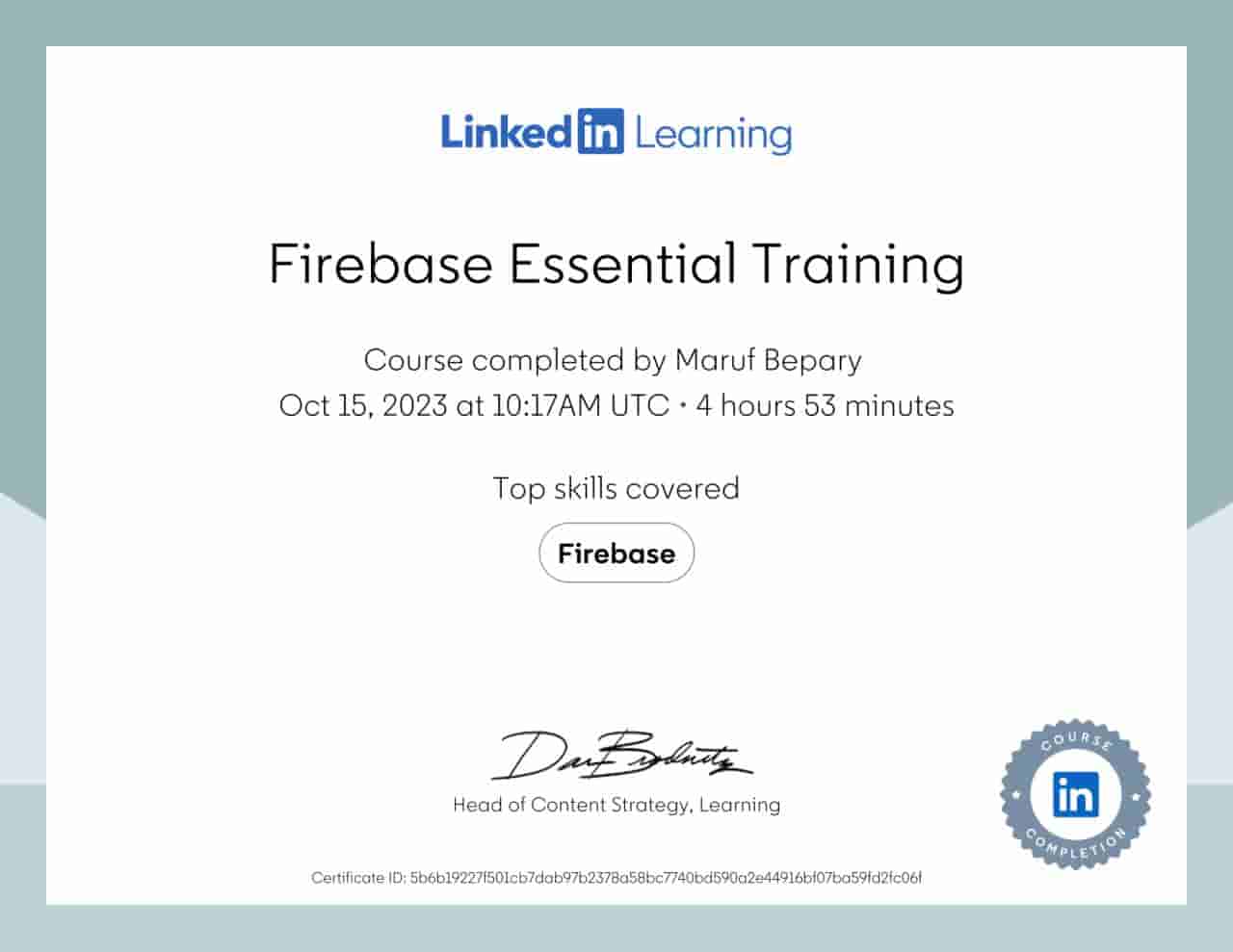 Firebase Essential Training certificate image