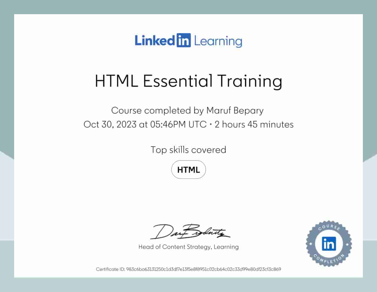 HTML Essential Training certificate image