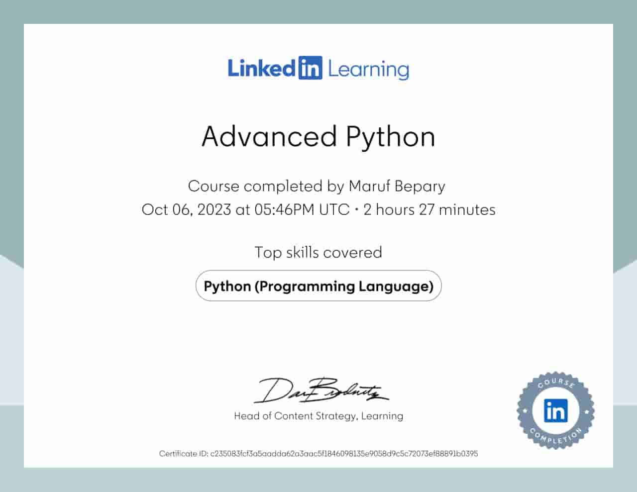 Advanced Python certificate image