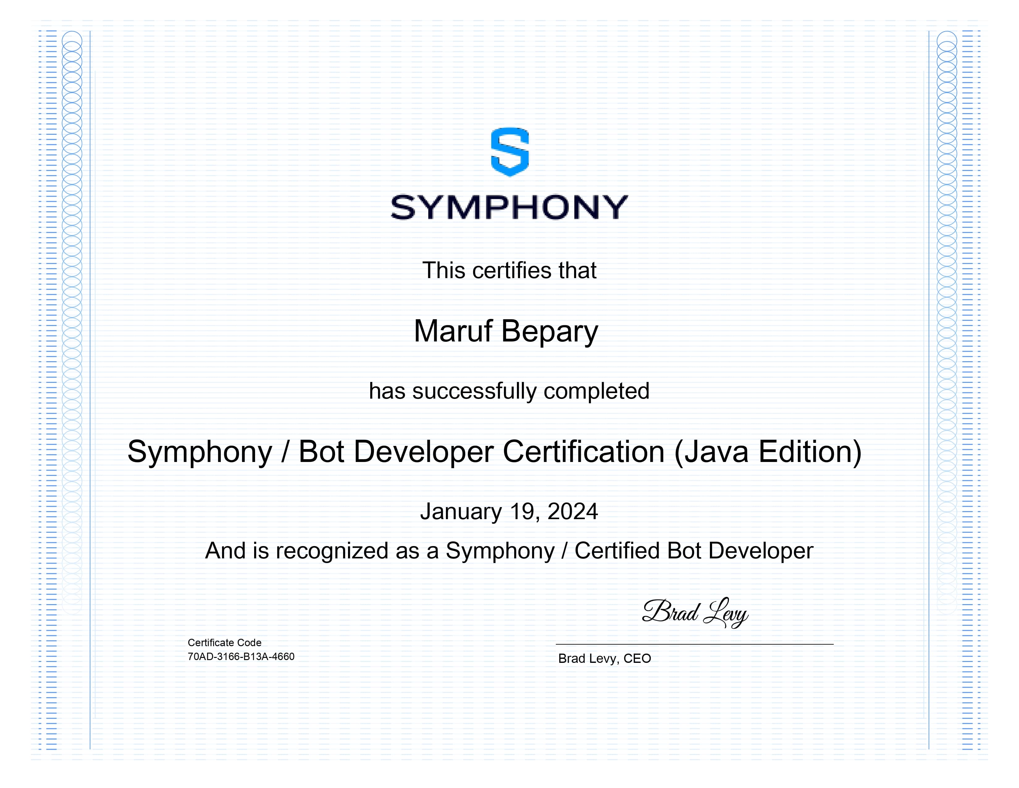 Symphony Certified Bot Developer (Java) certificate image